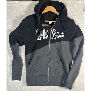 LuLaRoe Essential Full Zip Hoodie Gray Black Colorblock Logo Size XS